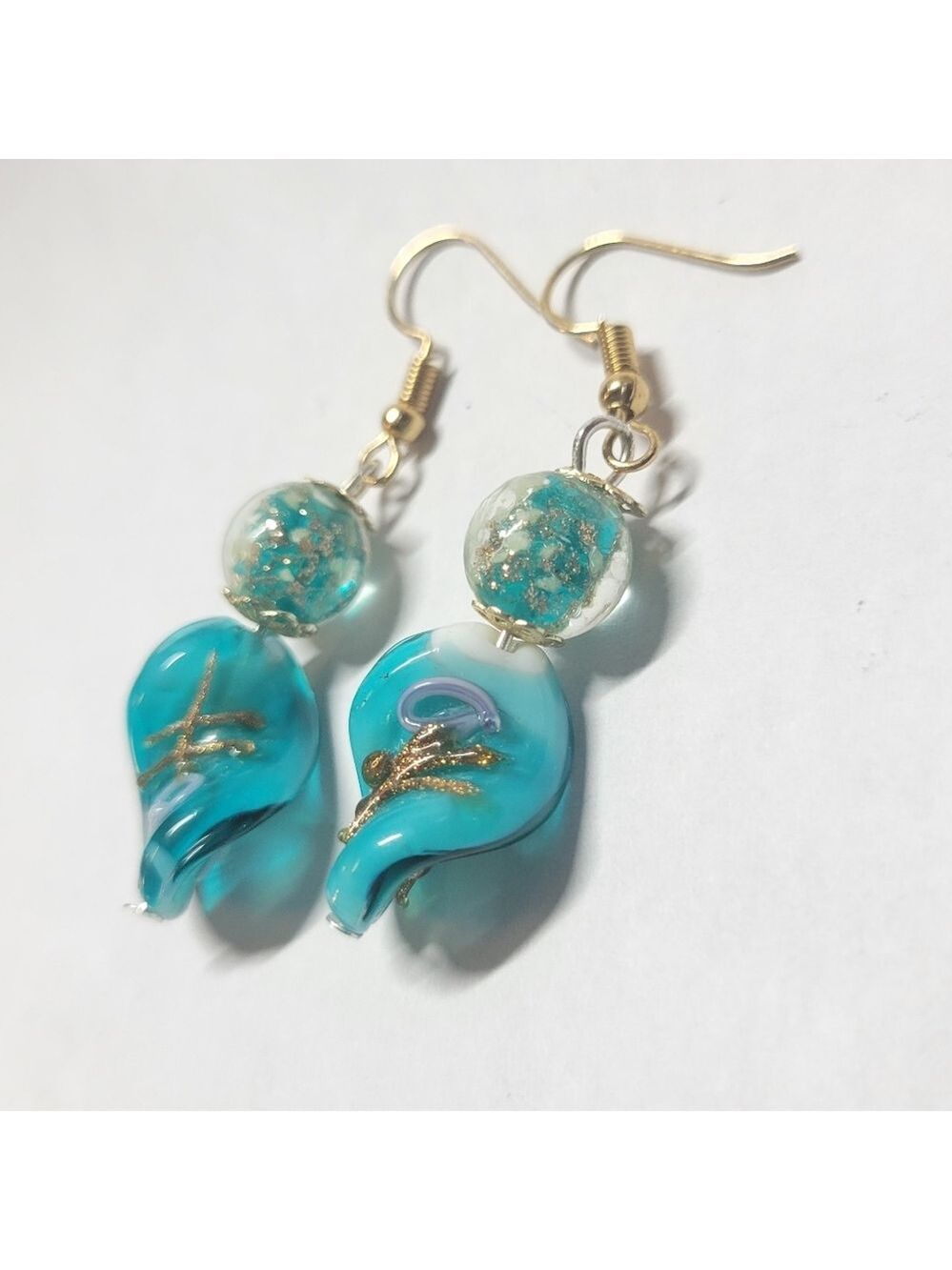 Teal Gold and Silver Twisted Dangle Drop Earrings